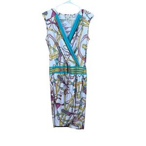 Cache Blue Multicolor equestrian theme Midi Wrap Dress tulip skirt stretchy S‎